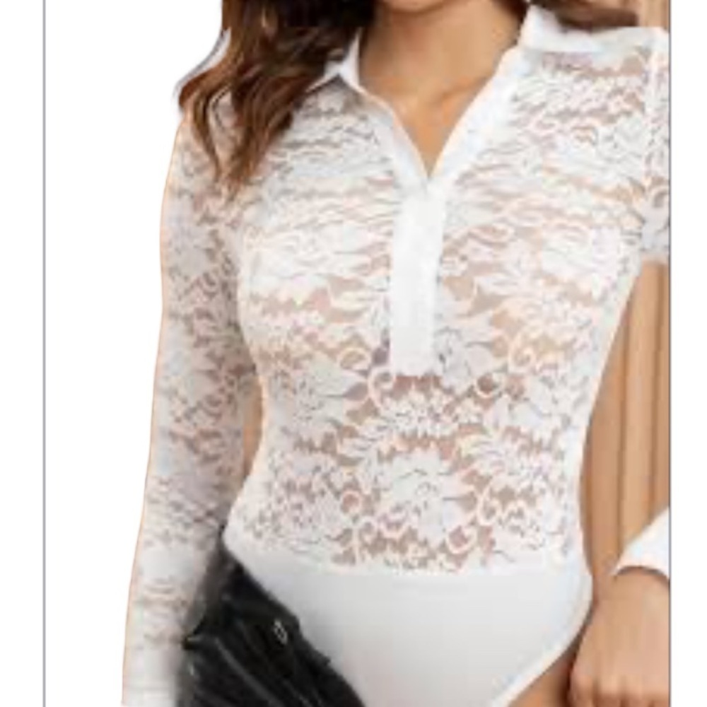 UNIO White Lace Long Sleeve Bodysuit Top Sz Large Women